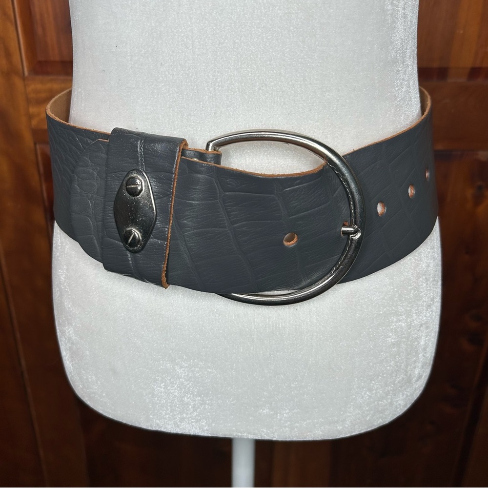 Vintage '84 Paris Statement Wide Belt Croute de Cuir Leather with Silver Buckle - Picture 3 of 17